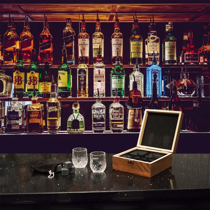 TRIXES Kleine Whiskey-Gläser-Geschenkbox – Whiskey-Gläser, Steine, Untersetzer und Zangen-Set – Gesc