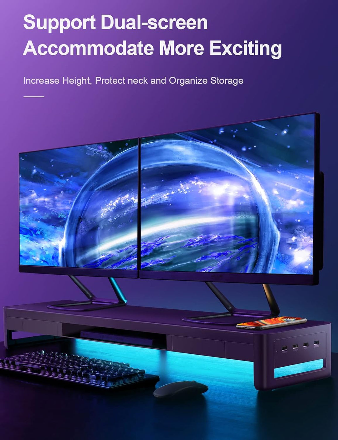 meatanty Dual-Monitorständer mit 2 Schubladen und 4 USB-Anschlüssen, Metall-Monitorständer für 2 Mon