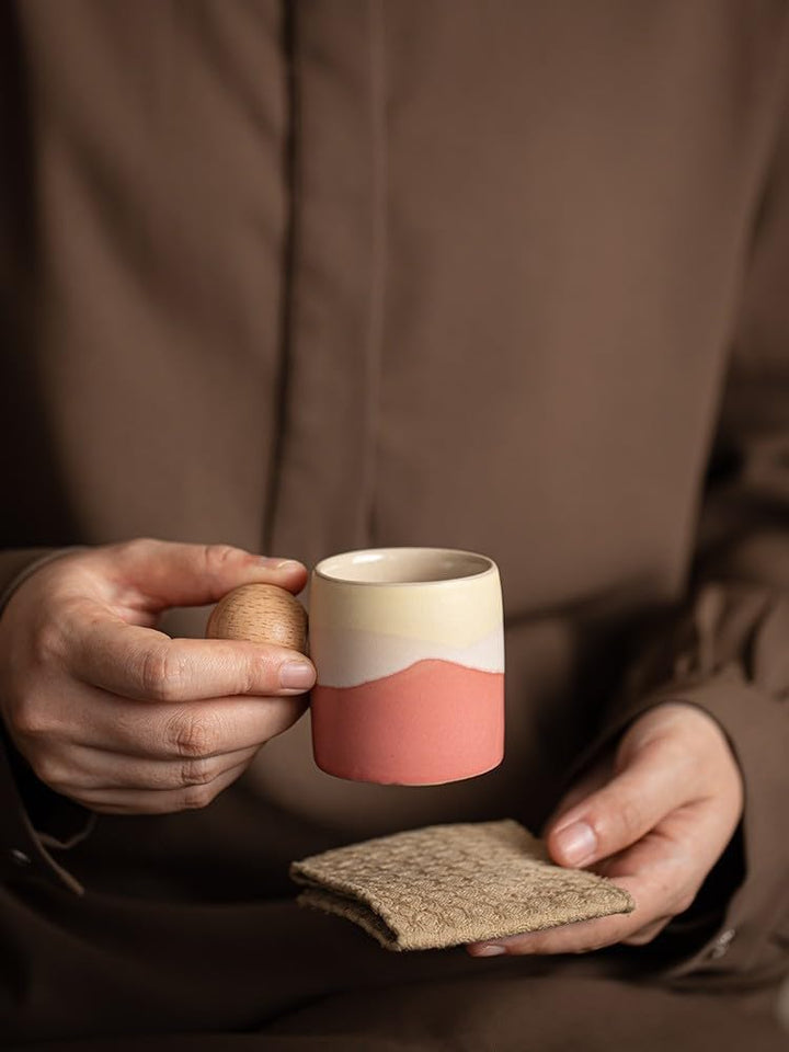 Espressotassen Keramik 82ml 4er-Set gerader Griff | Holzgriff, Farbverlauf, Demitasse, Geschenk-Box-