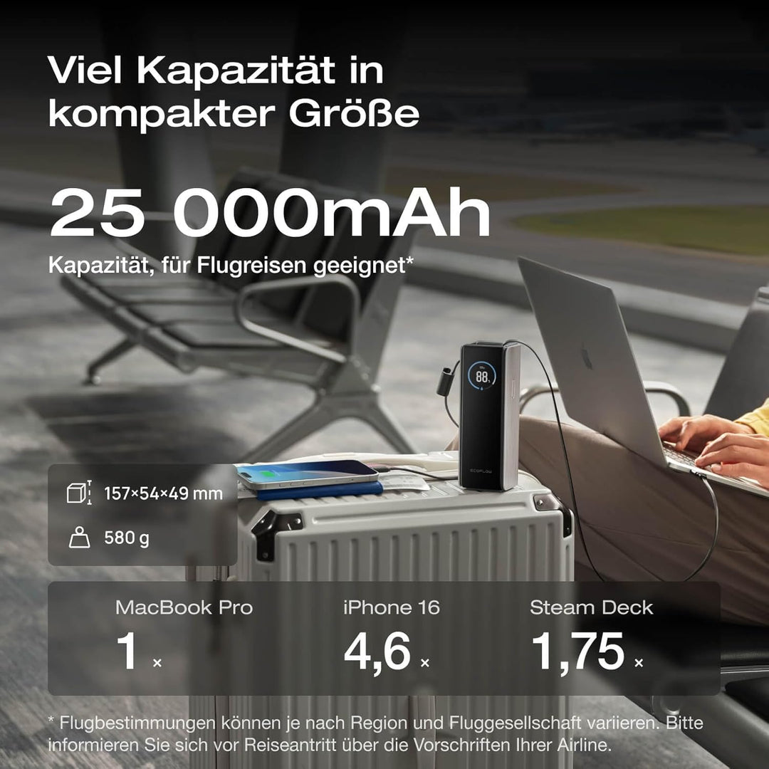 EcoFlow Powerbank 25000mAh 170W mit 100W Integrierte Einziehbare Kabel, 100W USB C Laptop Powerbank