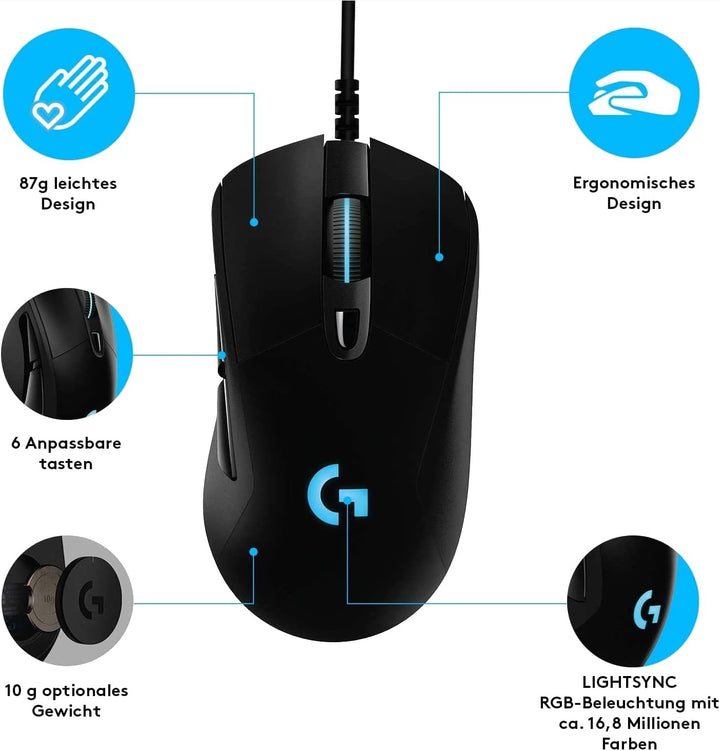 Logitech G403 HERO Gaming-Maus mit HERO 25K DPI Sensor, LIGHTSYNC RGB, geringes Gewicht von 87g und