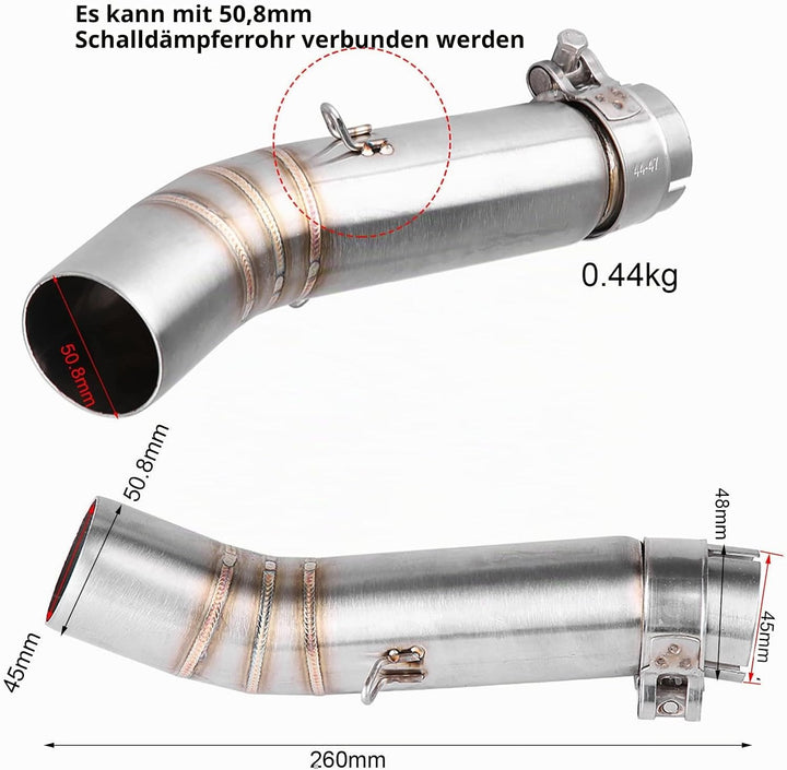 Jadeshay 51mm Auspuff Mittelrohr, Motorrad Slip-on Auspuff Mittleres Edelstahl Auspuffrohr Schalldäm