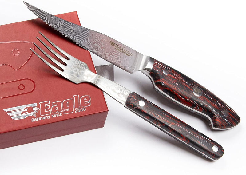 Eagle U-Grip - Steakmesser Set mit Steakgabel - Voll-Damaststahl 108 Lagen/Heftschalen: G10 schwarz-