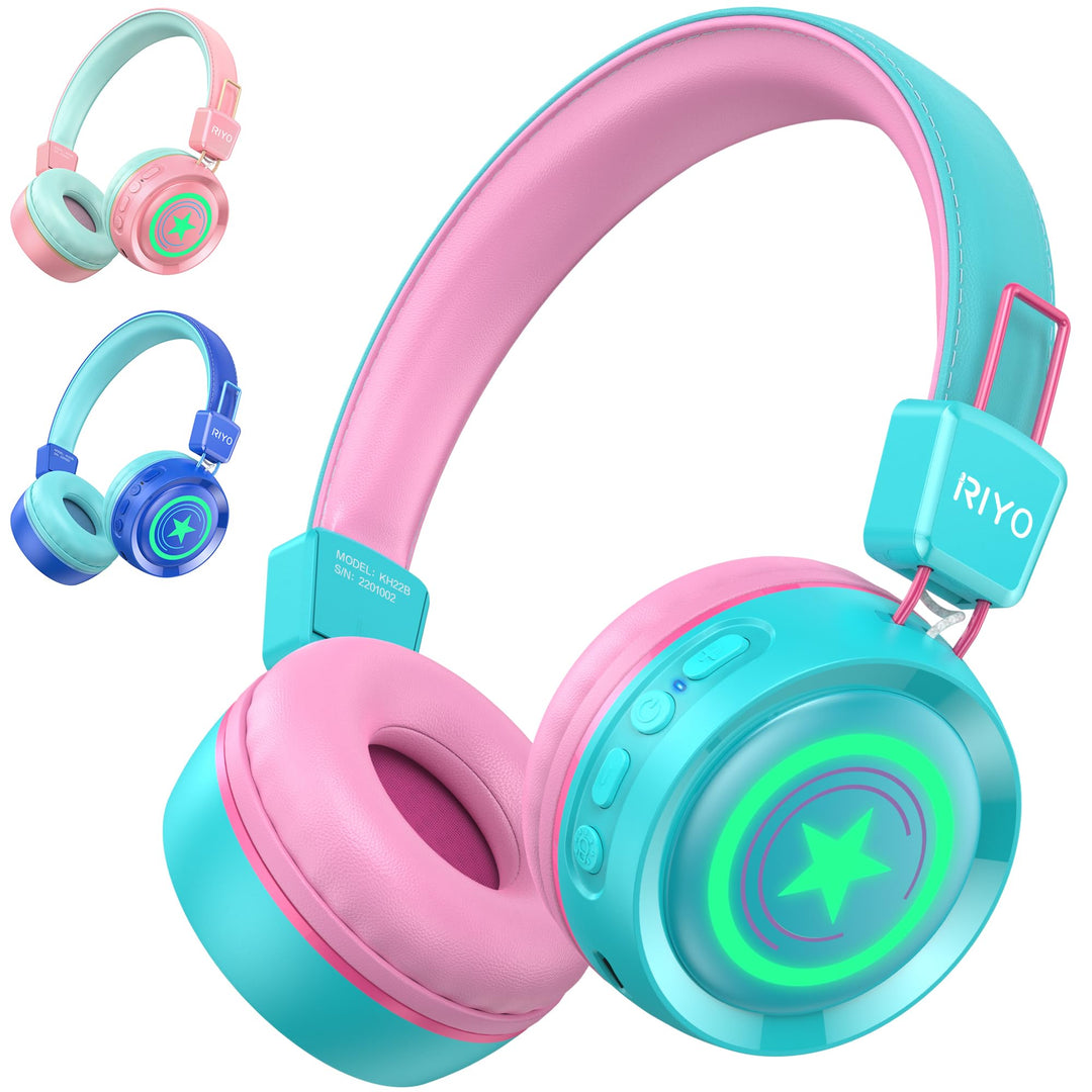 riyo Bluetooth Kopfhörer Kinder, Kinderkopfhörer Kabellos mit LED-Leuchten Bluetooth 5.0 Kinder Kopf