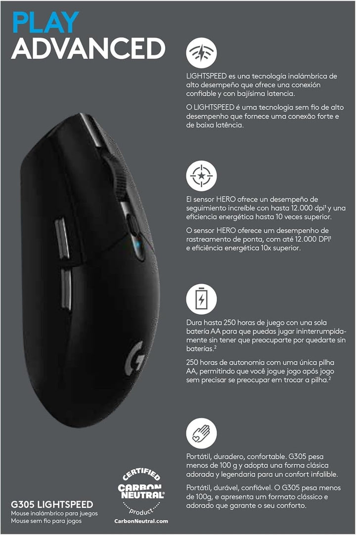 Logitech G305 LIGHTSPEED kabellose Gaming-Maus mit HERO 12K DPI Sensor, Wireless Verbindung, 6 progr