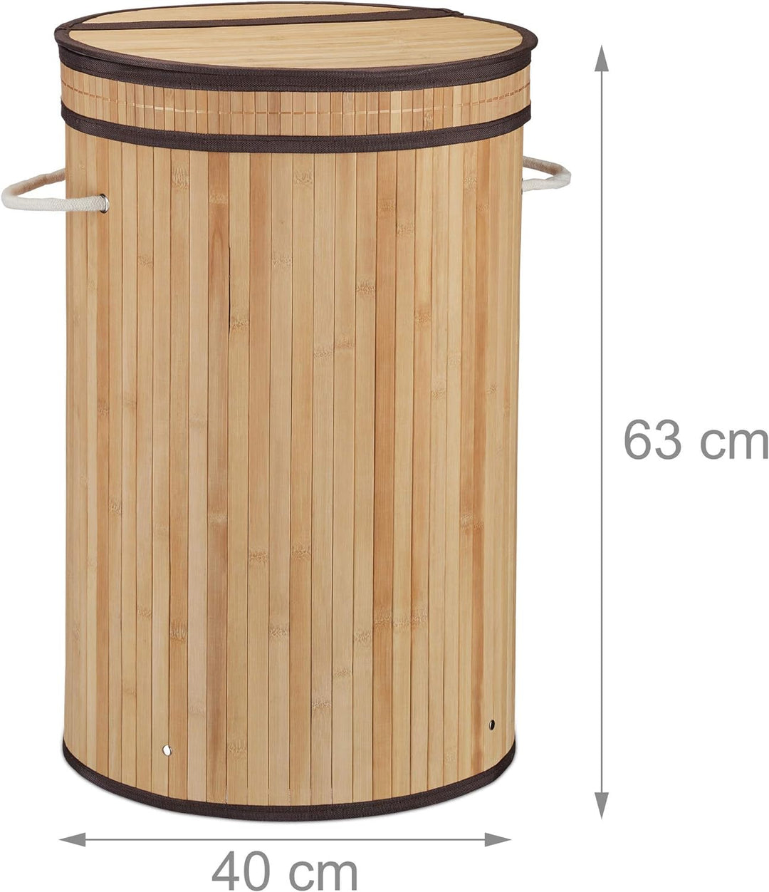 Relaxdays Wäschekorb Bambus, runder Wäschesammler mit Klappdeckel, 65 l, faltbare Wäschetonne, rund