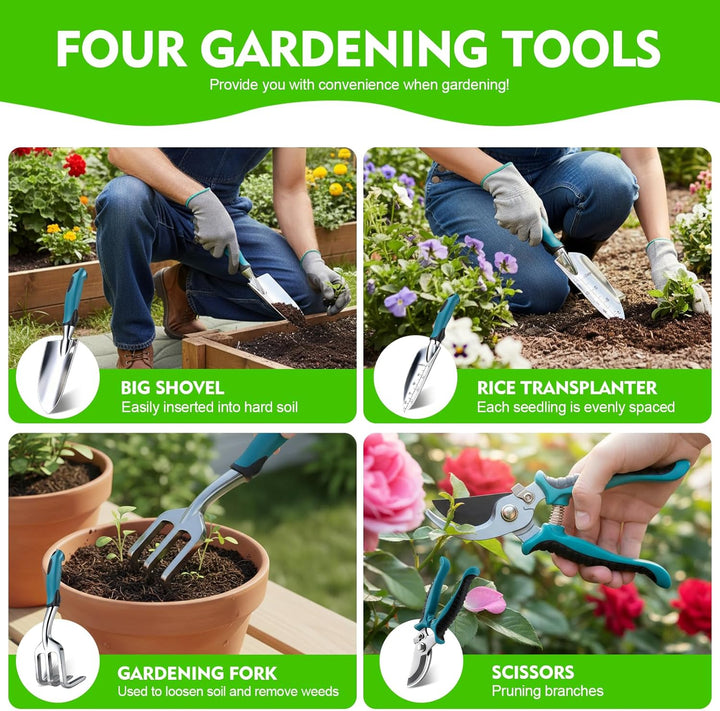 Gartenwerkzeug Set 7-teilig Mit Handschuhen Und Aufbewahrungstasche, Ergonomische rutschfeste Griffe