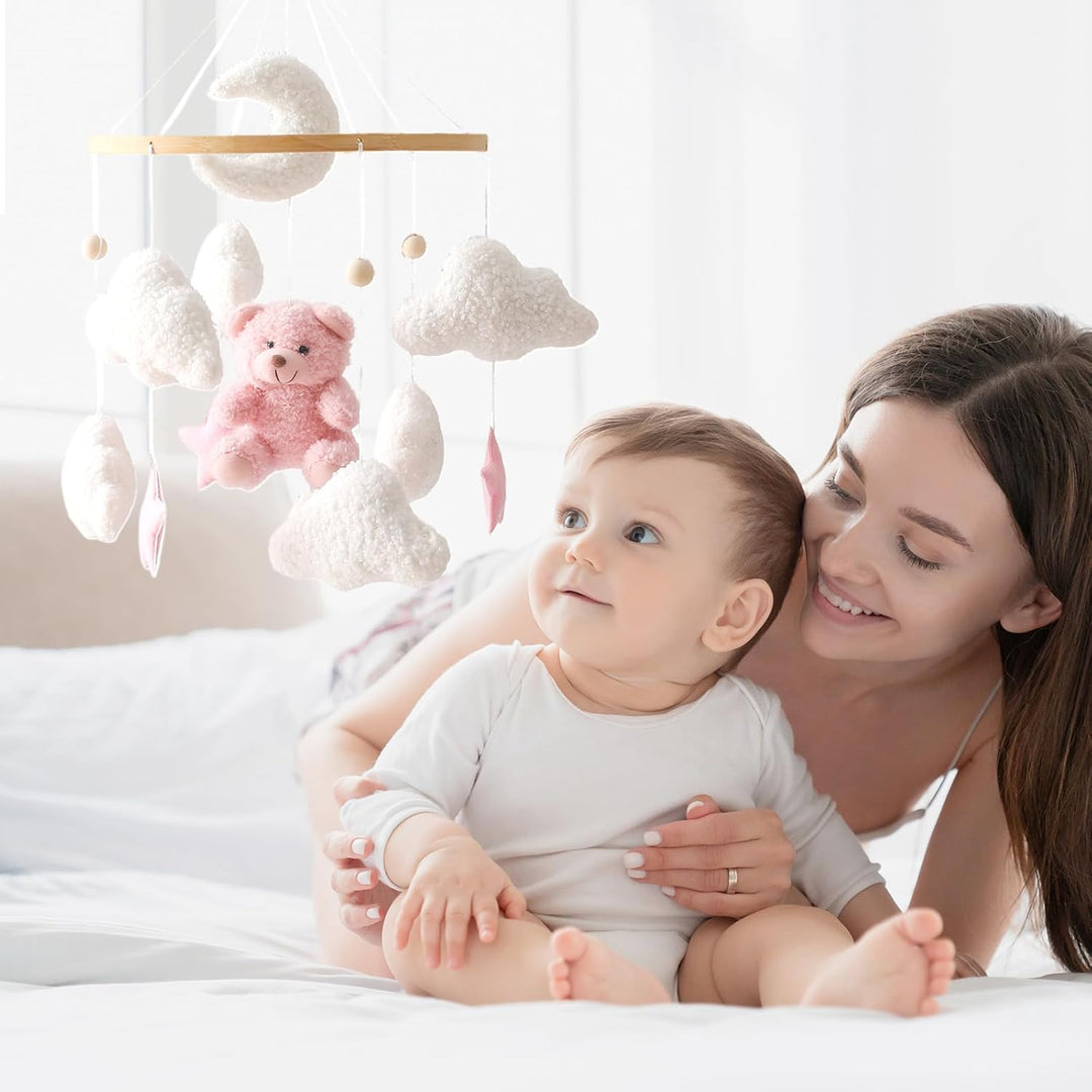 Herfair Mobile Baby Bettglocke mit Teddybär Hölz Mädchen Hängende Mobile Windspiel für Babybett Kind
