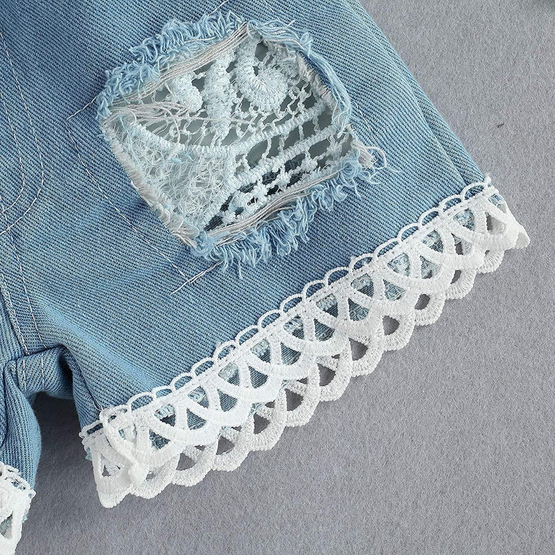 Kleinkind Kleinkind Baby Mädchen Kleidung Bestickte Spitze Strampler Zerrissene Jeans Denim Hosen Ou