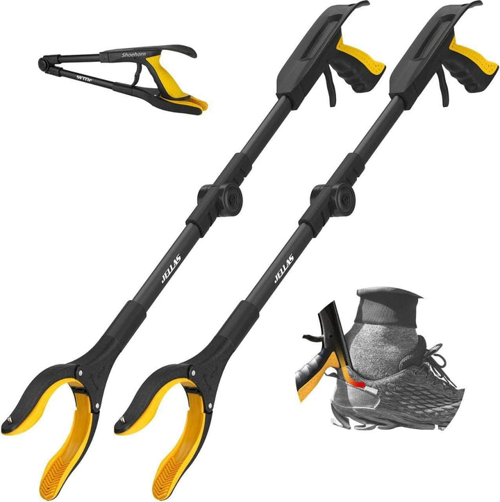 Jellas 2 Stück Faltbare Greifer mit Schuhlöffel, 0°- 180° abgewinkelter Arm, 80cm Langer Greif-Werkz
