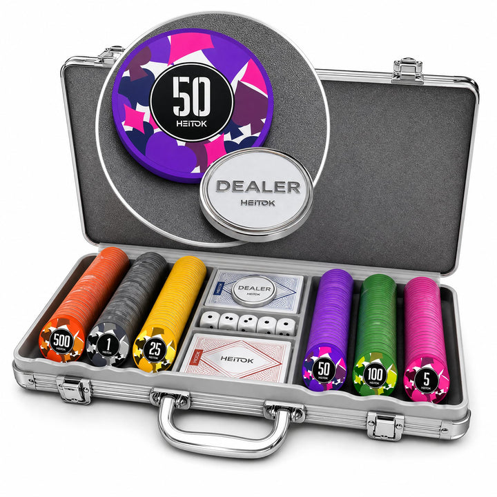 Poker-Chips-Set mit Wertangaben, 300 Stück 11,5g Profi-Chips nummeriert in Alu-Koffer inkl. 5 Würfel