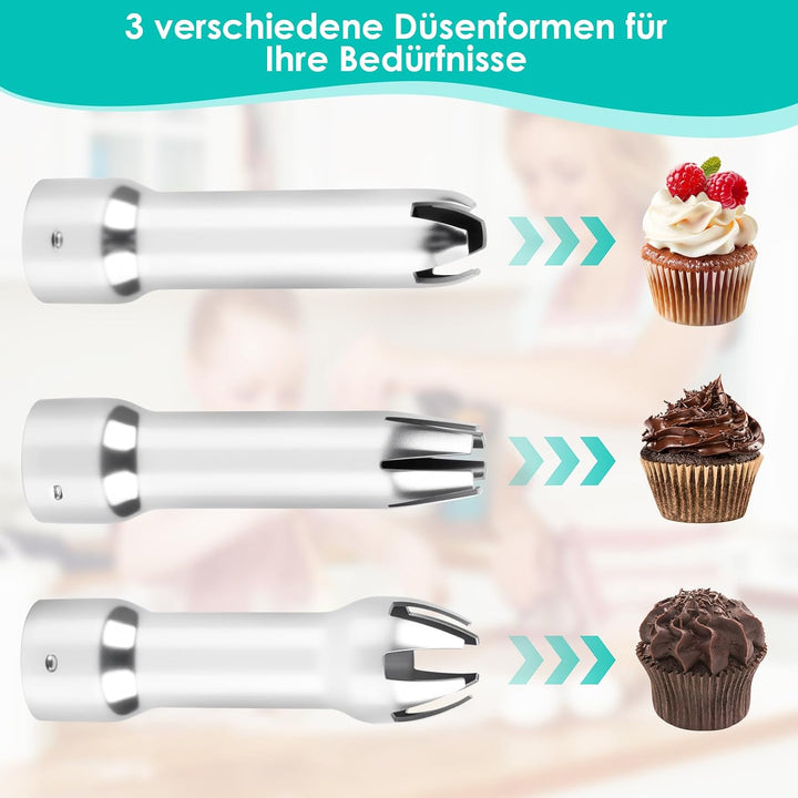500ml Sahnespender, Sahnesyphon Aluminium, mit 3 Edelstahl Deko-Düsen (Lotus, Stern, Kreuz) & Reinig