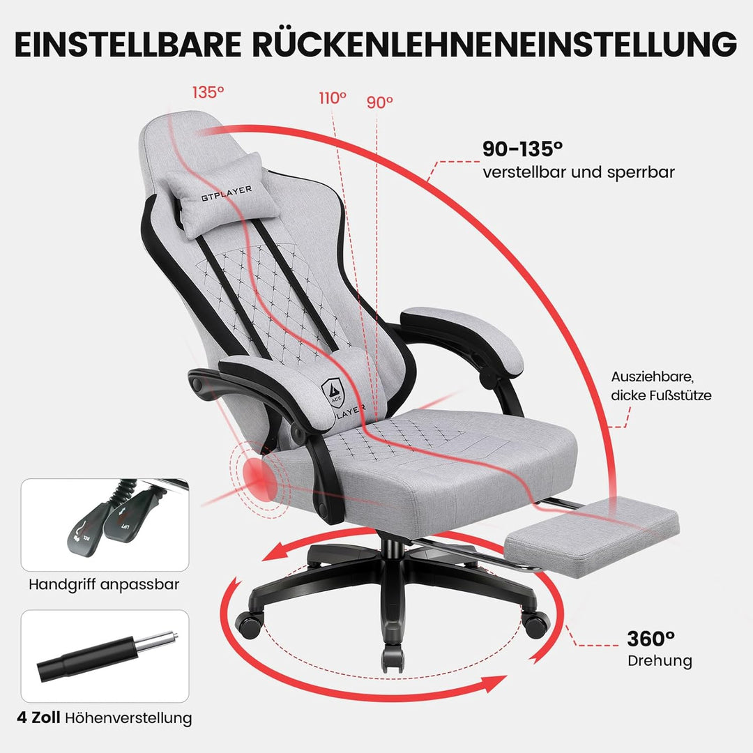 GTPLAYER Gaming Stuhl Stoff, Gaming Sessel mit Taschenfederkissen, ergonomischer Drehstuhl, Gamer St