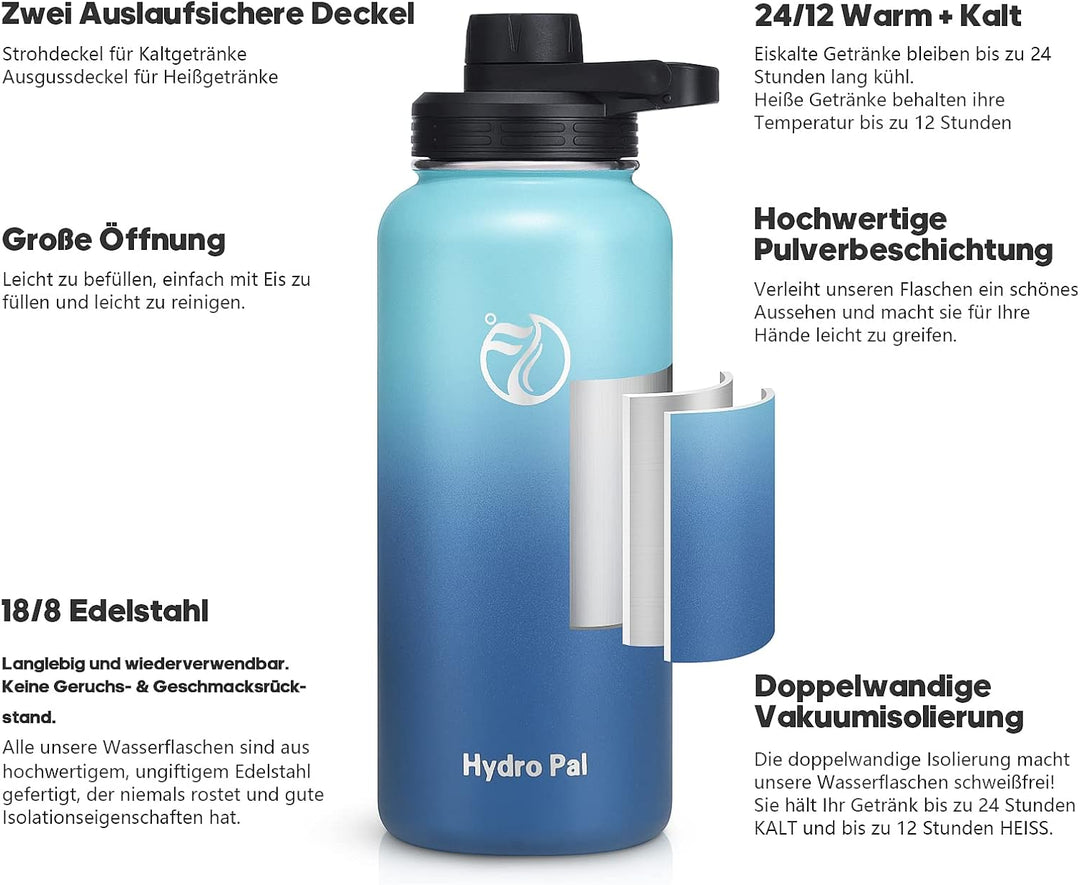 HydroPal Edelstahl Trinkflasche - 650ml, 950ml, 1.2L, BPA-Frei, Kohlensäure geeignet, Isolierte Ther