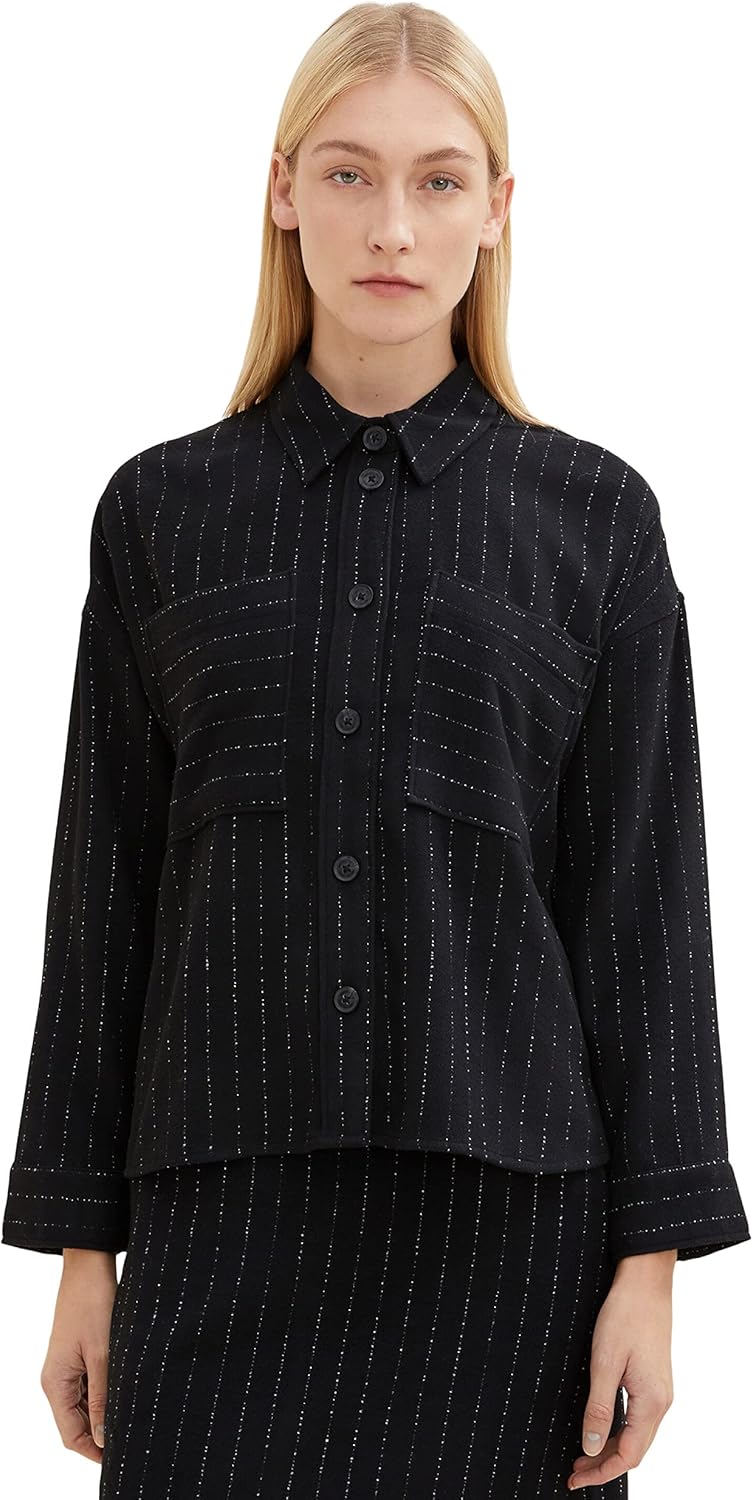 TOM TAILOR Damen Overshirt mit Streifen 36 30718 - Black Irregular Pin Stripe, 36 30718 - Black Irre
