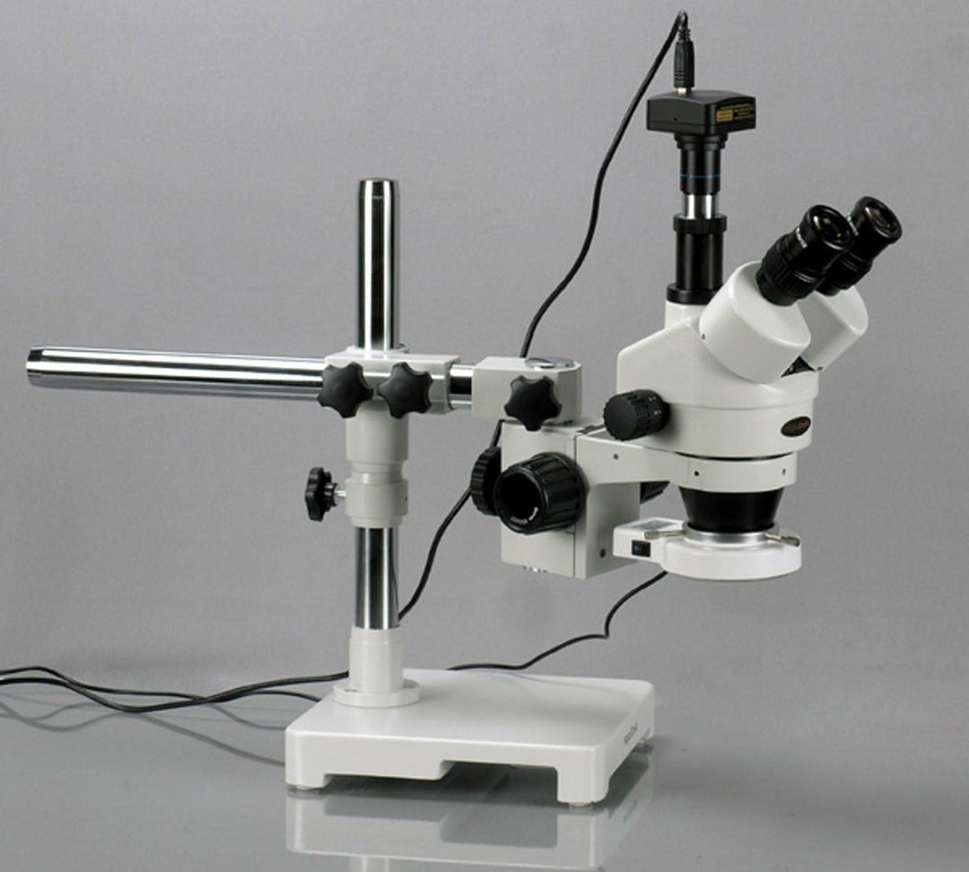 AmScope SM-3TZ-54S-3M Trinokulares LED Boom Ständer Stereomikroskop mit 3MP Kamera, 3.5X-90X, Weiss