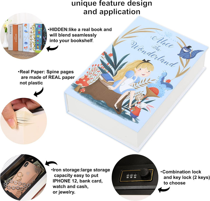 Alice in Wooderland Diversion Book Safe mit echten Seiten, Kombinationsschloss-Box, versteckter Safe