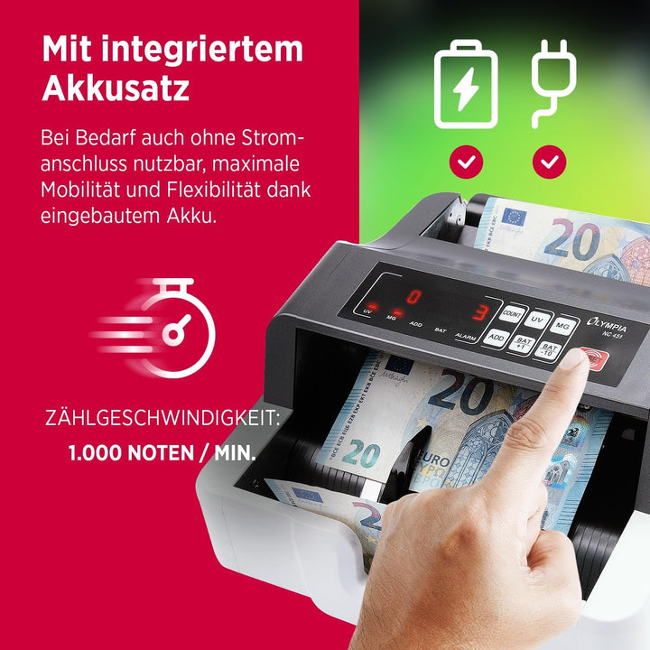 Olympia NC 452 Akku Geldzählmaschine & Geldscheinprüfer Stückzähler (für Scheine, Echtheitsprüfung,