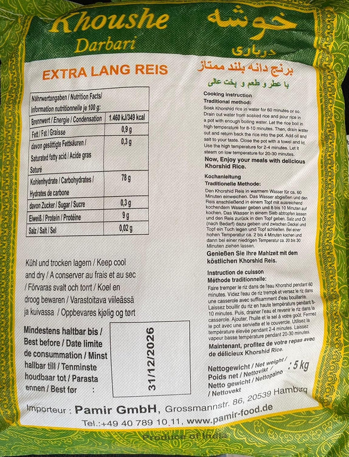 Khoushe Darbari Basmati Reis 1 x 5 KG (Khoushe Momtaz) - Hochwertiger Langkornreis aus Indien, Extra