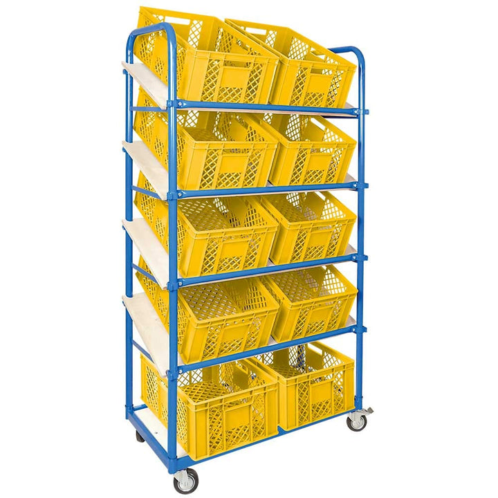 Schrägboden-Regalwagen mit 5 Ebenen, 4 Lenkrollen, bestückt mit 10 Euroboxen durchbrochen 600x400x24