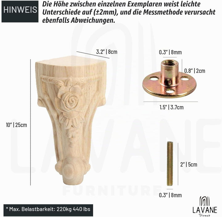La Vane 4 Stück Massivholz Möbelfüsse 25cm (10 Zoll) - Europäischer Stil Handgeschnitzte Tischbeine,