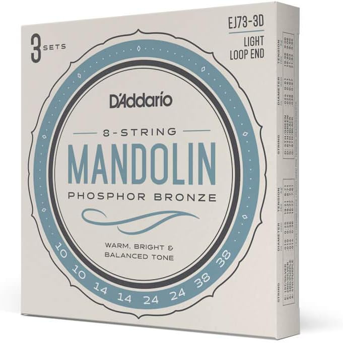 D'Addario EJ73 Saiten für Mandoline, Phosphorbronze, leichte Spannung, 10-38, 3 Sätze Licht, 10-38.