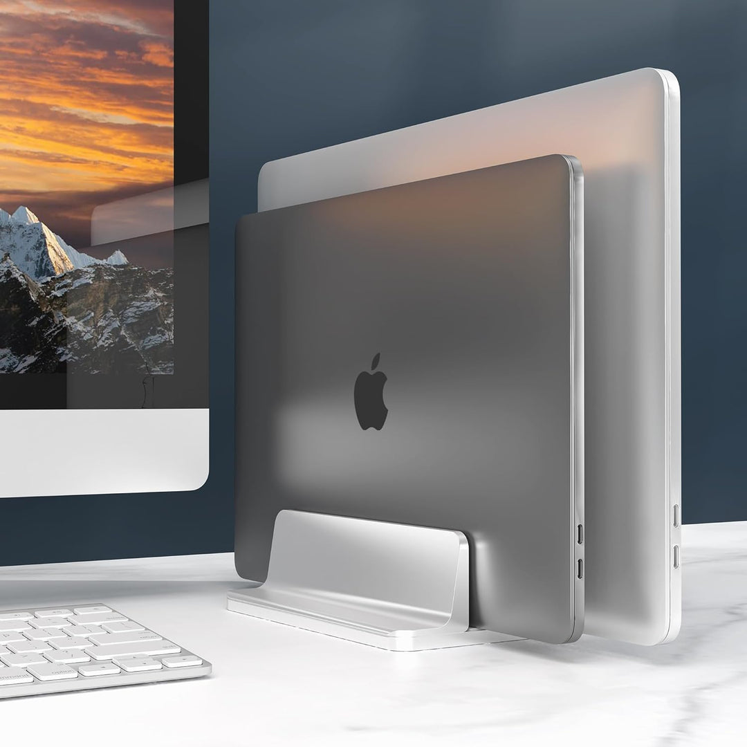 Vertikaler Laptop-Ständer, verstellbar, 2 Schlitze, Aluminium, Schreibtischhalterung (bis zu 43,9 cm