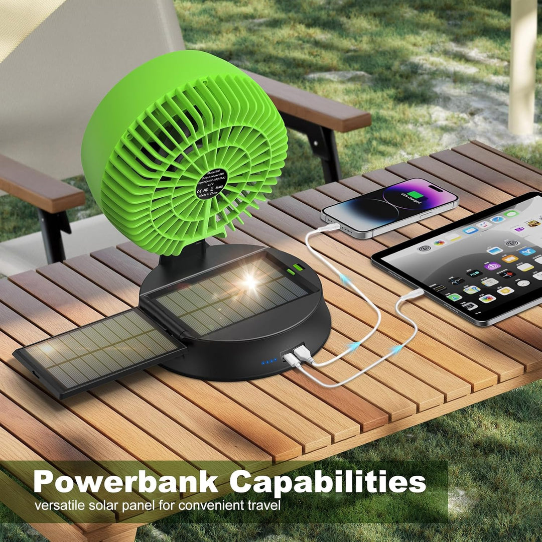 Solar Ventilator, Camping Ventilator mit LED Licht, Solarpanel, 7800mAh Akku, 4-Gang Tischlüfter, US