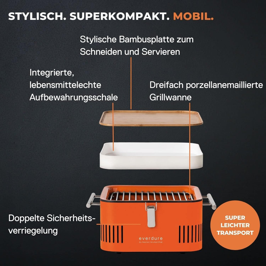 everdure by heston blumenthal Holzkohlegrill CUBE I mobiler Outdoor-Gril in Orange I tragbarer Gourm