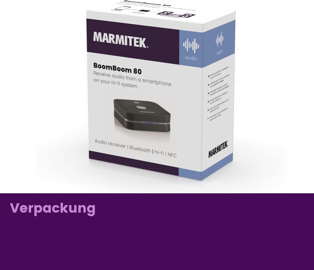 Bluetooth Empfänger Marmitek BoomBoom 80 – Musik kabellos streamen – NFC & 3,5mm Klinke – HiFi Stere