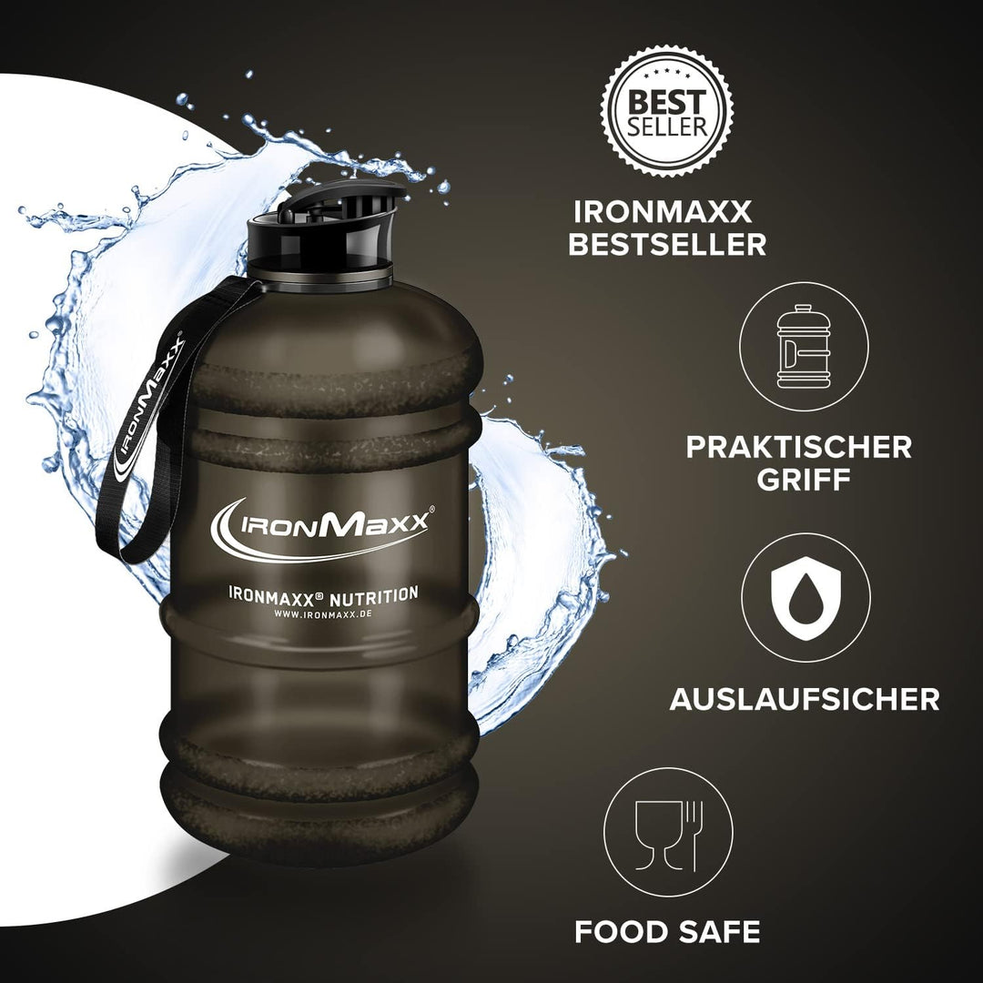 IronMaxx Water Gallon - Frosted Black 2200ml | BPA & DEHP frei | auslaufsichere Trinkflasche mit Mes