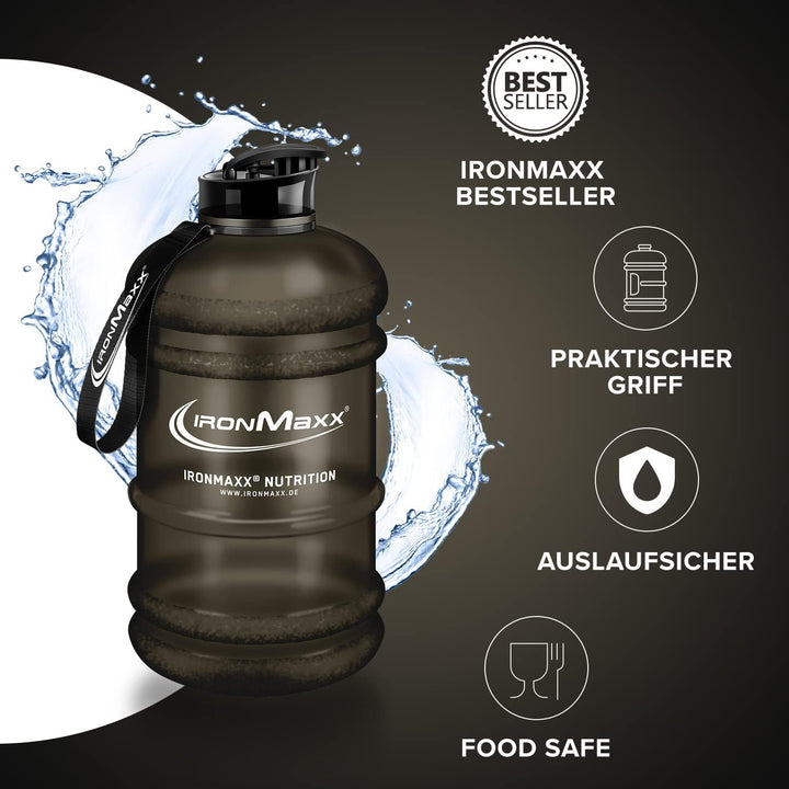 IronMaxx Water Gallon - Frosted Black 2200ml | BPA & DEHP frei | auslaufsichere Trinkflasche mit Mes