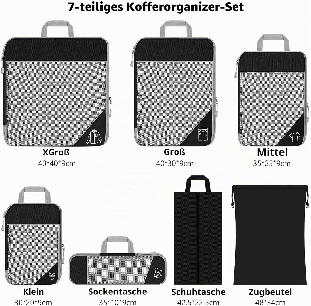 Koffer Organizer Set 7-teilig, Packtaschen mit Kompression, Compression Packing Cubes für Rucksack u
