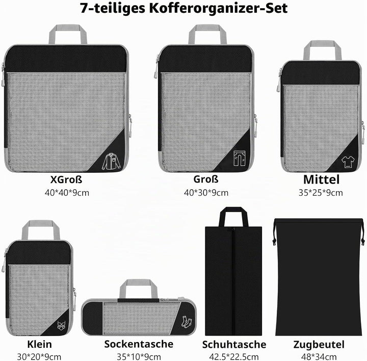 Koffer Organizer Set 7-teilig, Packtaschen mit Kompression, Compression Packing Cubes für Rucksack u