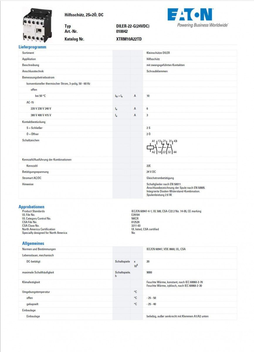 Eaton xStart Eaton Moeller Leistungsschütz / 24 V dc Spule 2 Schliesser + 2 Öffner, 24 V / 6 A