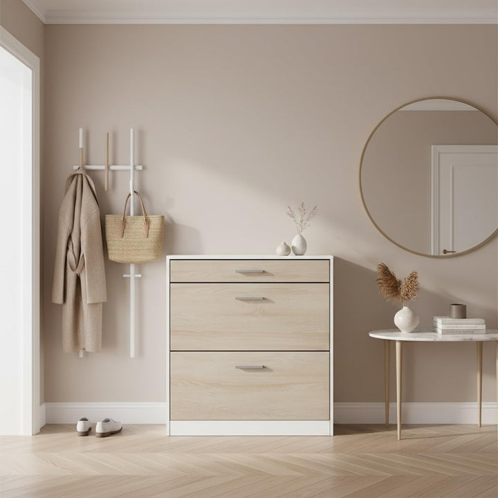 Schuhschrank Roma Schmal mit 2 Klappen und 1 Schublade, Platzsparender Schuhkipper Flurschrank für D