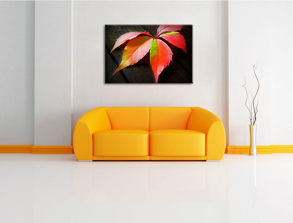 Pixxprint schönes Laubblatt auf Holz auf Leinwand, XXL riesige Bilder fertig gerahmt mit Keilrahmen,