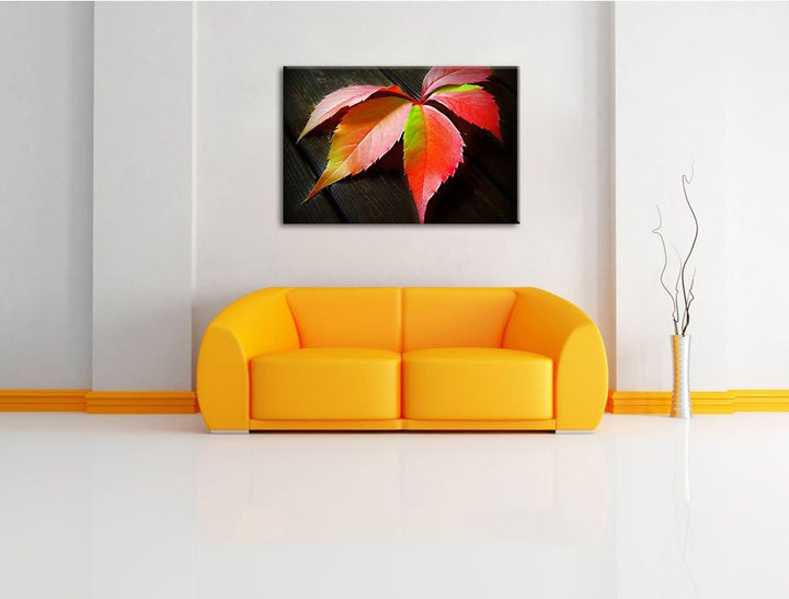 Pixxprint schönes Laubblatt auf Holz auf Leinwand, XXL riesige Bilder fertig gerahmt mit Keilrahmen,