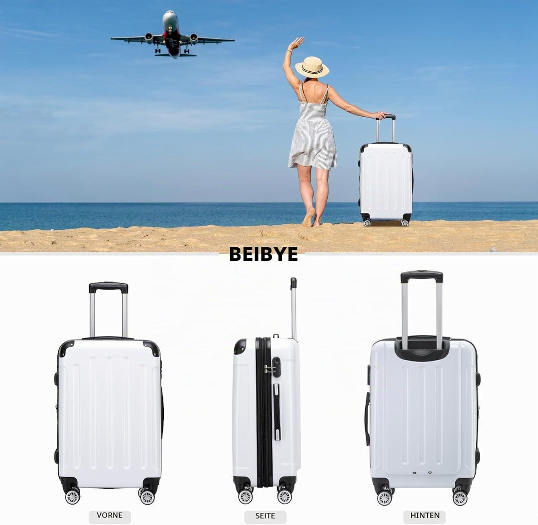 BEIBYE Hartschalen Koffer Trolley Rollkoffer Reisekoffer 4 Zwillingsrollen Polycabonat (Weiss, 76cm