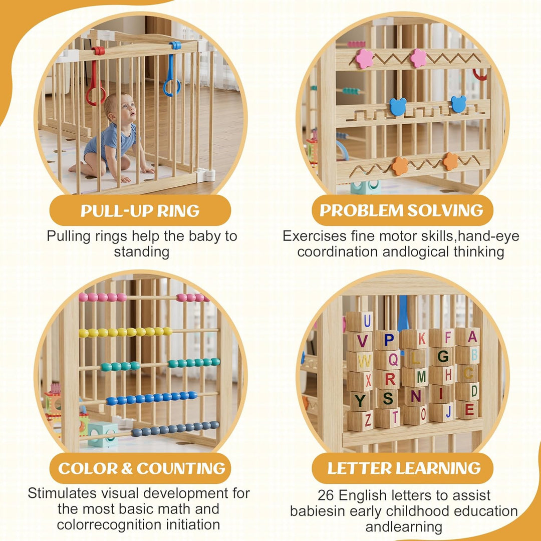 MSFE Laufstall Baby Faltbar Holz,8 Paneele Wooden Baby Playpen Verstellbare Multi-Shape & Grösse mit