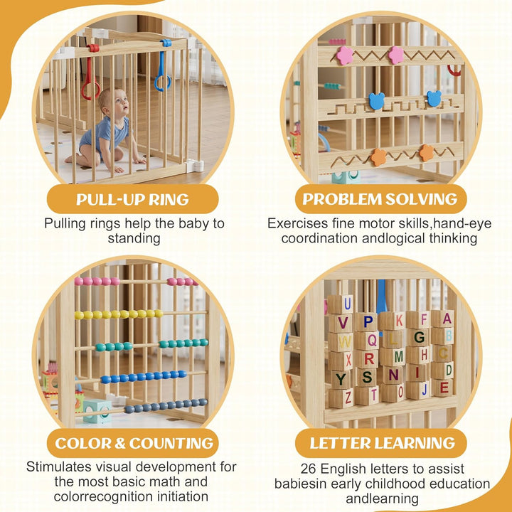 MSFE Laufstall Baby Faltbar Holz,8 Paneele Wooden Baby Playpen Verstellbare Multi-Shape & Grösse mit