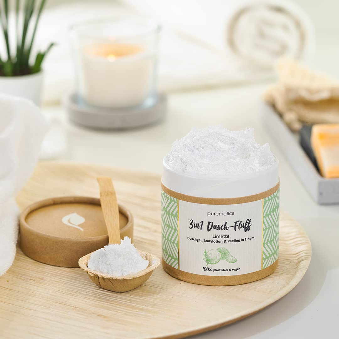 puremetics 3in1 Dusch-Fluff Limette mit Salzpeeling, 250g Duschgel, Peeling und Lotion in Einem, veg