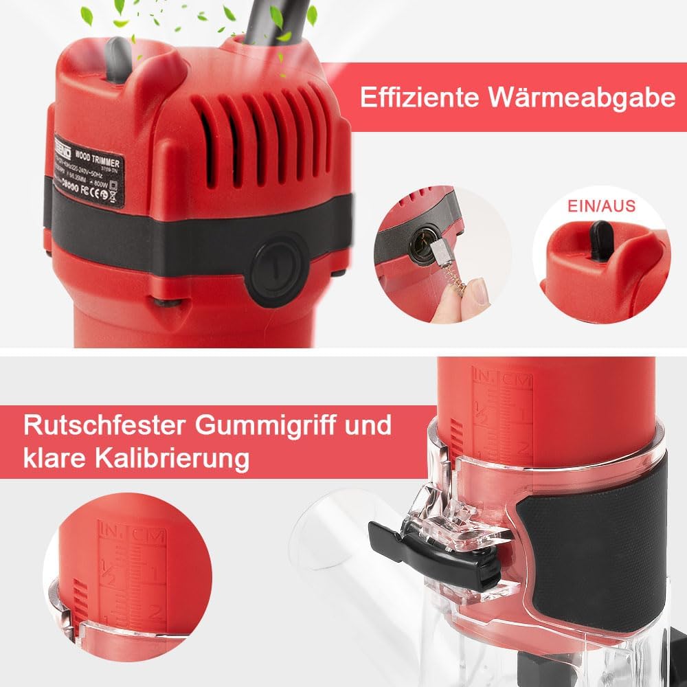 TEENO Holzfräse Oberfräse 800W 31000 U/min Mit Staubabsaugungsanschluss, Elektrik Kantenfräse Mit 15