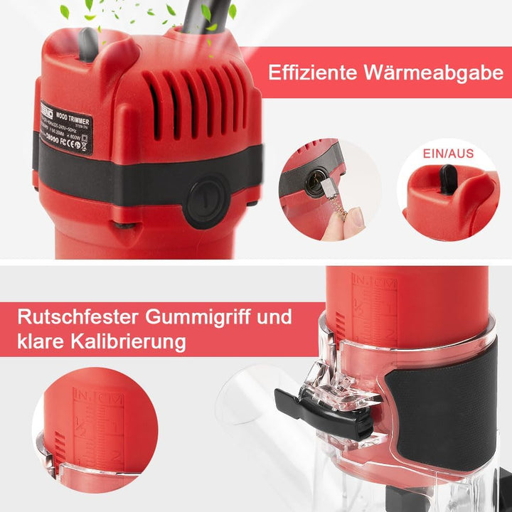 TEENO Holzfräse Oberfräse 800W 31000 U/min Mit Staubabsaugungsanschluss, Elektrik Kantenfräse Mit 15