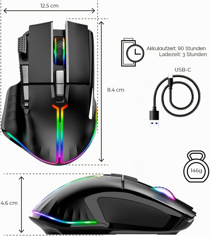 SPIRIT OF GAMER - PRO M5, Kabellose RGB Gaming Maus für PC, 8 Programmierbare Tasten inkl. 1 Rapid F