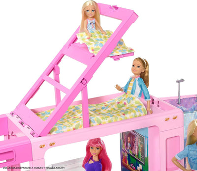 Barbie 3-in-1 DreamCamper Vehicle, approx. 3-ft, Transforming Camper with Pool, Truck, Boat and 60