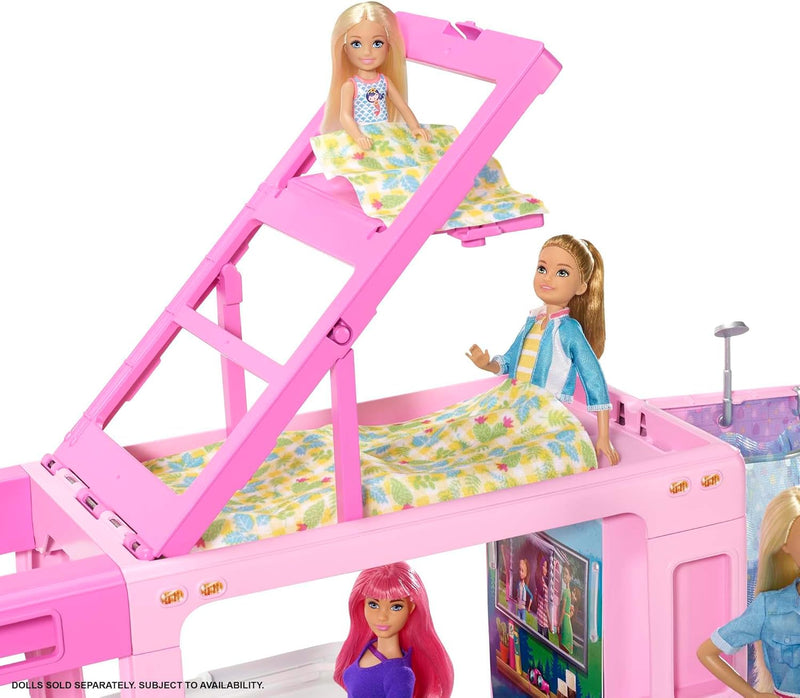 Barbie 3-in-1 DreamCamper Vehicle, approx. 3-ft, Transforming Camper with Pool, Truck, Boat and 60