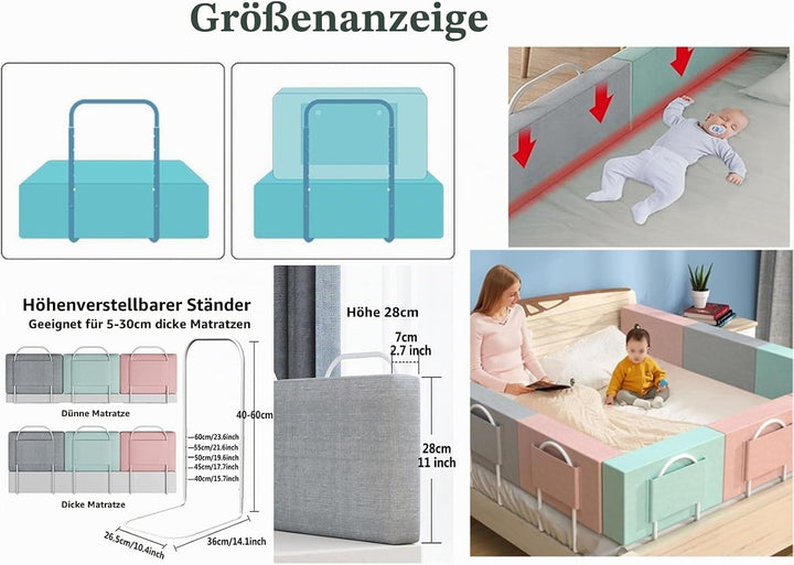 Baby-Bettgitter, Absturzsicherung Bettgitter, 5-Loch Höhenverstellbar, Waschbarer Reissverschluss, B
