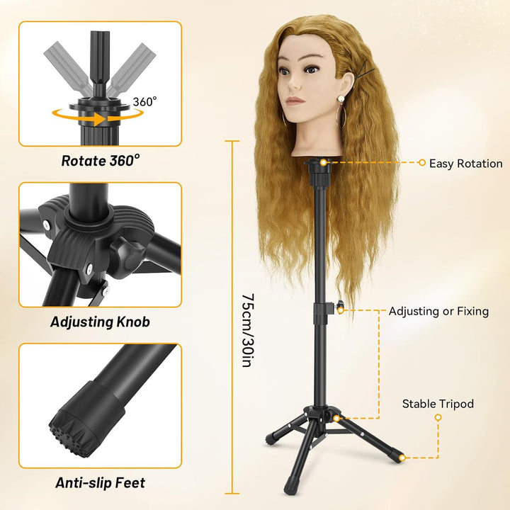 Frisierkopf Echthaar mit Stativ, Trainingskopf mit 90% Echthaar 61cm/24inch, Schaufensterpuppe Kopf