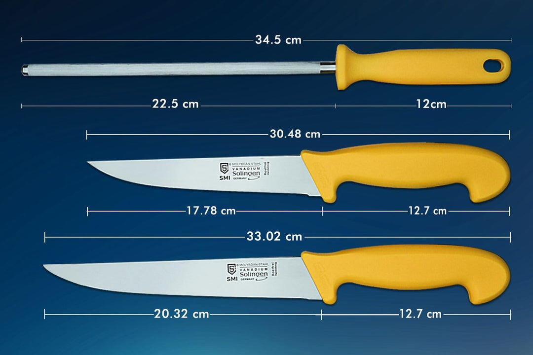 SMI 3 Stück Küchenmesser Set Solingen Metzgermesser Wetzstahl Fleischermesser Kochmesser Schlachterm